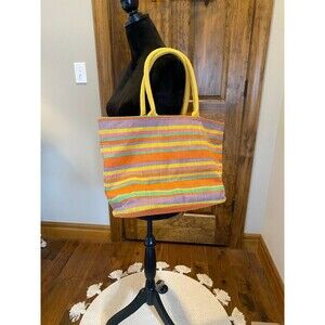 Women’s Beach Pool Multicolored Striped Woven Canvas Type Tote Boho Shoulder Bag